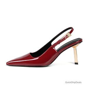 Slingback Pumps with Kitten Heel, Closed Toe, Adjustable Strap, Faux Leather